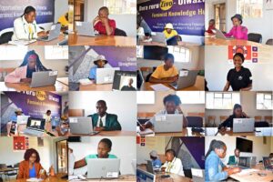 Young people in rural Murewa using laptops at the Feminist Knowledge Hub during virtual consultations on the African Union Convention on Ending Violence Against Women and Girls.